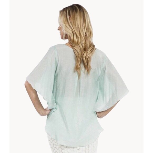 NWT Karen Kane Aqua Silver Flutter Slv Silk Top | Coastal Mermaidcore Old Money - Picture 5 of 8